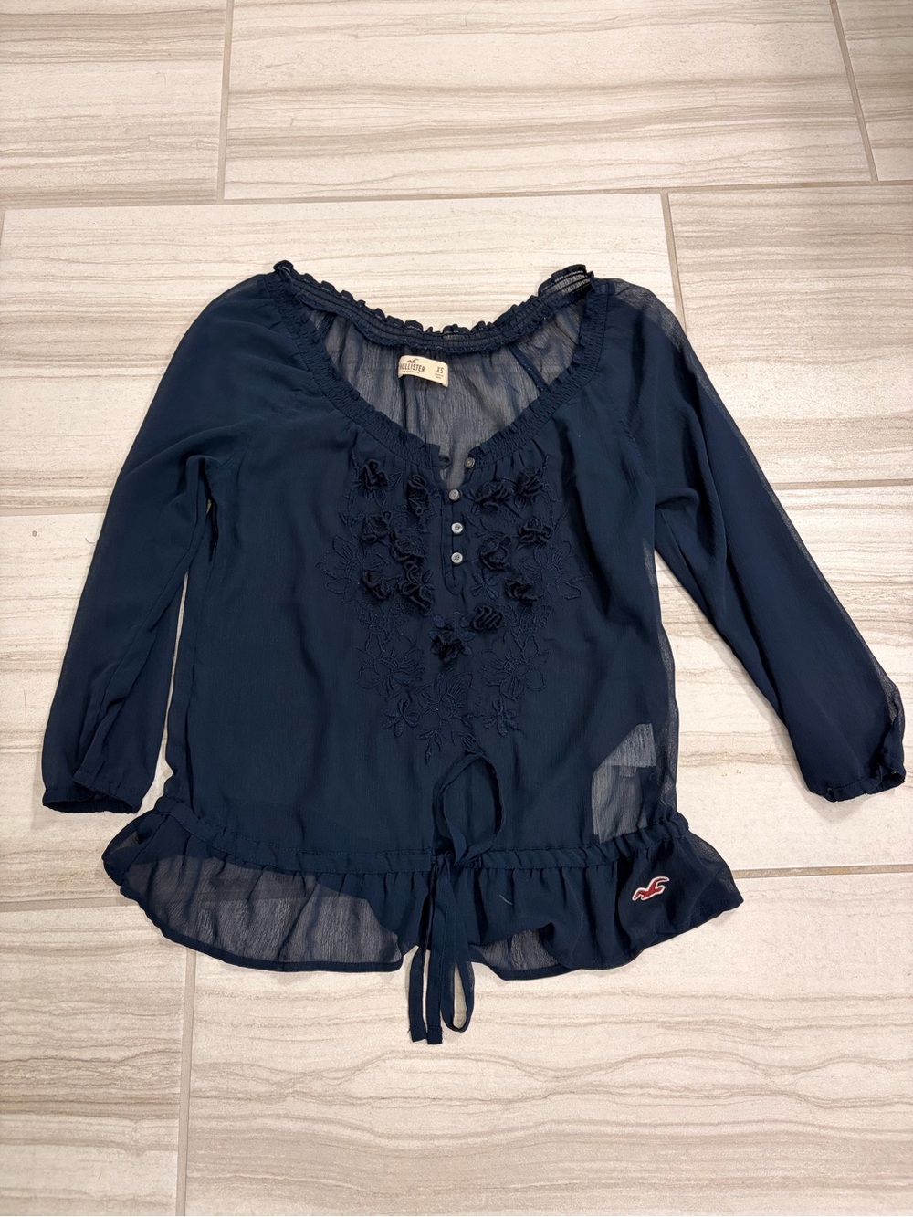 Hollister Navy Floral Embroidered Gauze Tunic